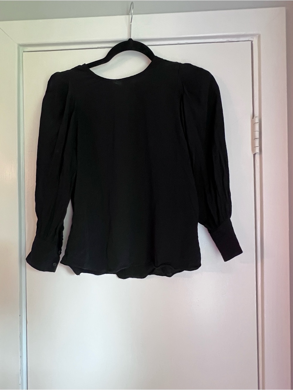 H&M Black Solid Woven Viscose Round Neck Long Puff Sleeve Blouse Size 2